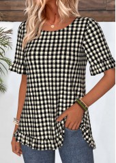 Black Plaid Frill Short Sleeve Round Neck T Shirt | thumb picture 