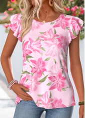 Pink Floral Print Ruffle Short Sleeve T Shirt