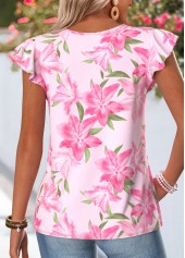 Pink Floral Print Ruffle Short Sleeve T Shirt | thumb picture 
