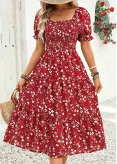 Red Ditsy Floral Print Smocked Short Sleeve Dress
