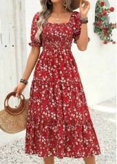 Red Ditsy Floral Print Smocked Short Sleeve Dress | thumb picture 