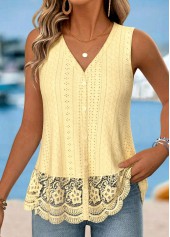 Yellow Lace Trim Sleeveless V Neck Tank Top