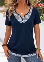Navy Striped Fake 2in1 Short Sleeve Split Neck Blouse