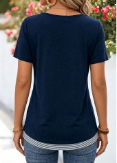 Navy Striped Fake 2in1 Short Sleeve Split Neck Blouse | thumb picture 