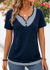 Navy Striped Fake 2in1 Short Sleeve Split Neck Blouse | thumb picture 