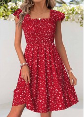 Red Ditsy Floral Print Short Corset Square Neck Dress