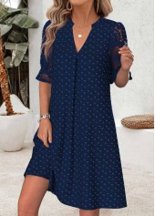 Navy Short Shirred Half Sleeve Split Neck Dress | thumb picture 