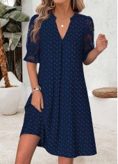 Navy Short Shirred Half Sleeve Split Neck Dress
