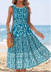 Peacock Blue Ditsy Floral Print Tummy Coverage Sleeveless Dress
