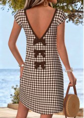 Light Coffee Plaid Short Bowknot V Neck Dress