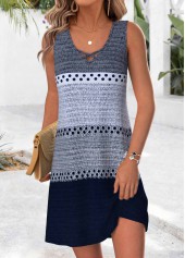 Blue Multi Stripe Print Short Tummy Coverage Sleeveless Dress
