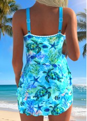 Cyan Curved Hem Marine Life Print One Piece Swimwear | thumb picture 