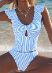 Light Blue Mid Waisted Ruffle Bohemian Print Tankini Set