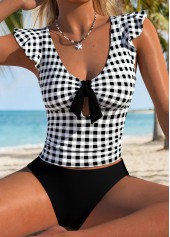 Black Mid Waisted Ruffle Plaid Tankini Set
