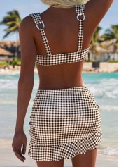Dark Coffee Mid Waisted Three-piece Plaid Bikini Set | thumb picture 