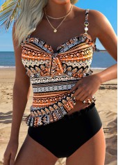 Orange Mid Waisted Frill Tribal Print Tankini Set