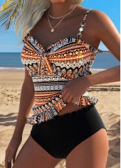 Orange Mid Waisted Frill Tribal Print Tankini Set | thumb picture 