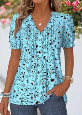 Blue Floral Print Frill Short Sleeve T Shirt
