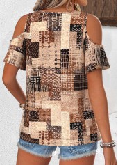 Dark Coffee Geometric Print Twist Short Sleeve T Shirt | thumb picture 