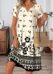 Beige Floral Print Short Tuck Stitch Split Neck Dress