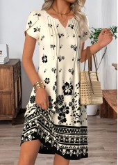Beige Floral Print Short Tuck Stitch Split Neck Dress | thumb picture 