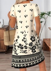 Beige Floral Print Short Tuck Stitch Split Neck Dress | thumb picture 