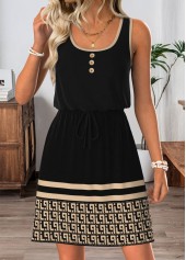 Black Geometric Print Short Button Sleeveless Round Neck Dress