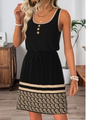Black Geometric Print Short Button Sleeveless Round Neck Dress | thumb picture 