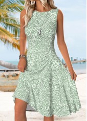 Sage Green Leopard Shirred Sleeveless Round Neck Dress