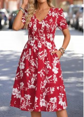 Red Floral Print Tummy Coverage Short Sleeve Dress