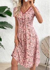Pink Ditsy Floral Print Short Sleeve V Neck Dress