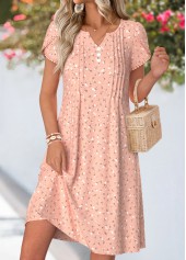 Dusty Pink Ditsy Floral Print Tuck Stitch Dress