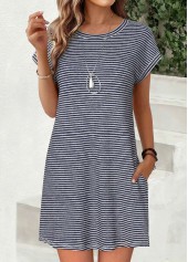 Navy Striped Short Double Side Pockets Round Neck Dress | thumb picture 