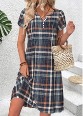 Multi Color Plaid Tuck Stitch Short Sleeve Dress