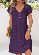 Purple Short Tuck Stitch V Neck Dress