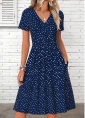 Navy Heart Print Shirred Short Sleeve V Neck Dress | thumb picture 