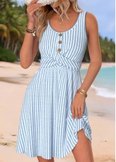 Light Blue Striped Short Criss Cross Sleeveless Dress