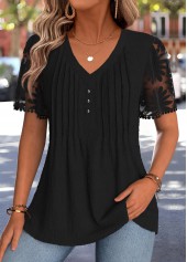 Black Patchwork Short Sleeve V Neck T Shirt