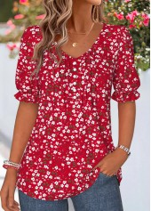 Red Ditsy Floral Print Curved Hem T Shirt | thumb picture 
