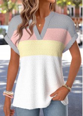 Multi Color Striped Short Sleeve Split Neck T Shirt | thumb picture 