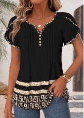 Black Geometric Print Curved Hem Short Sleeve T Shirt