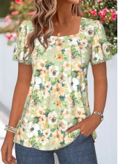Light Green Floral Print Pleated Short Sleeve T Shirt | thumb picture 