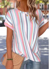Multi Color Striped Cross Hem Short Sleeve T Shirt | thumb picture 