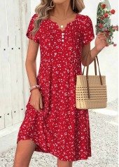 Red Ditsy Floral Print Short Tuck Stitch Dress