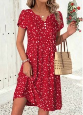 Red Ditsy Floral Print Short Tuck Stitch Dress | thumb picture 