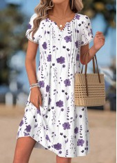 White Floral Print Short Tuck Stitch Split Neck Dress