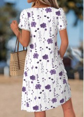 White Floral Print Short Tuck Stitch Split Neck Dress | thumb picture 