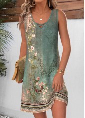 Sage Green Floral Print Short Tummy Coverage Sleeveless Dress