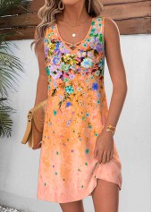 Orange Floral Print Short Tummy Coverage Sleeveless Dress