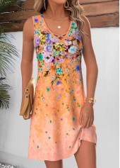 Orange Floral Print Short Tummy Coverage Sleeveless Dress | thumb picture 